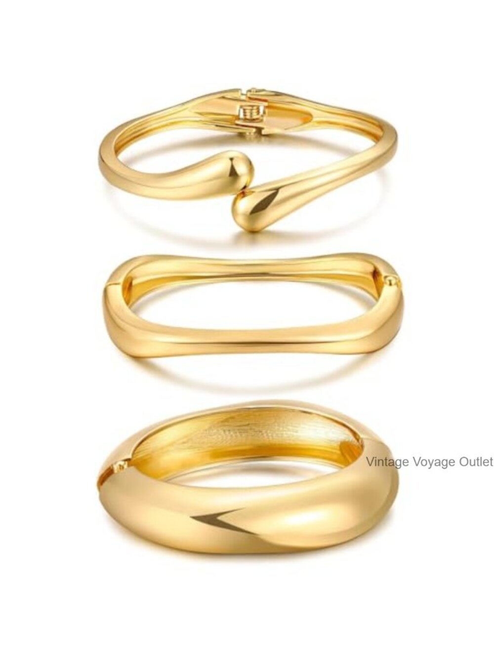 14K Gold Plated Stackable Bangle Bracelet Set Adjustable Layered Cuff